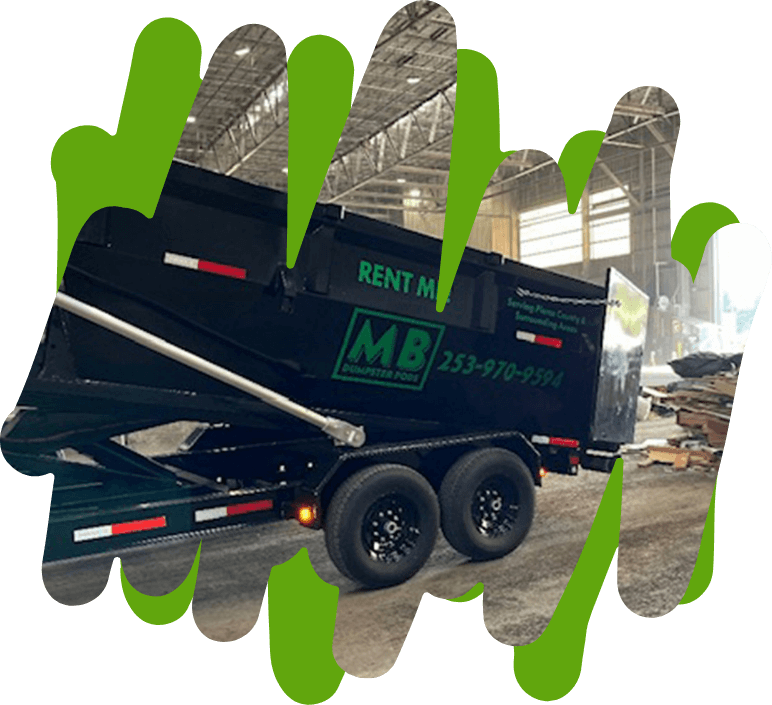 Picture of a tilted black dumpster bin unloading with green pain strokes behind the image
